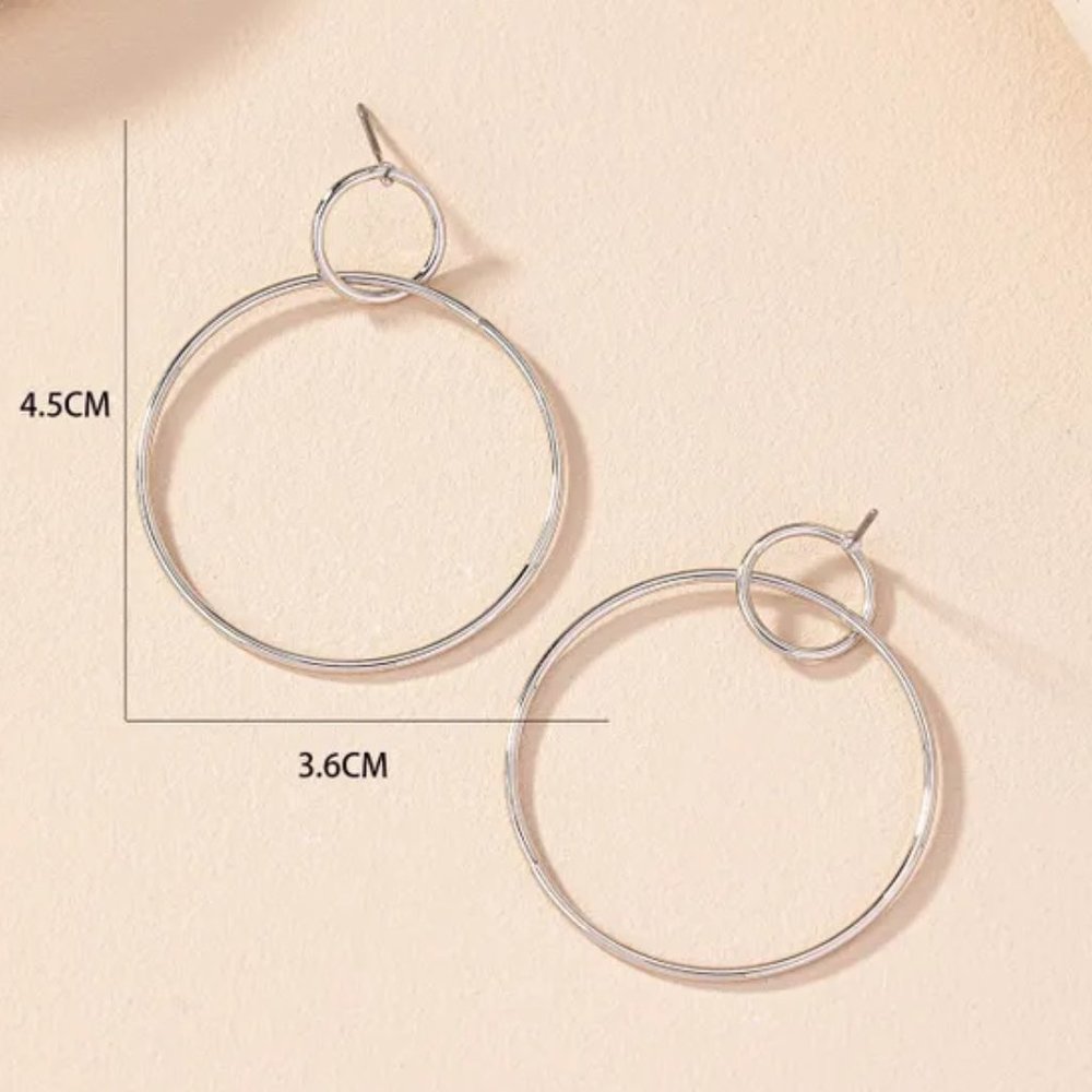 Minimalist Silver Double Circle Contemporary Dangle Earrings NEW - Picture 5 of 7